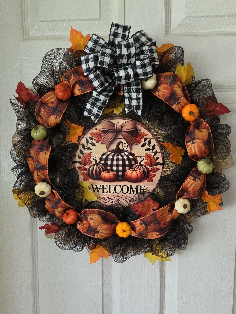 Autumn Welcome Pumpkin Wreath - Black & Orange Holiday Door Decor